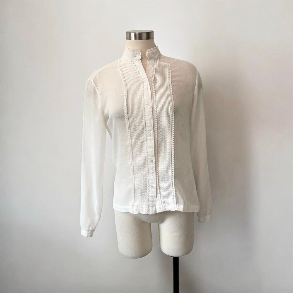 Ship & Shore VTG 70s White Ruffle Tuxedo Button Down Blouse Shirt Medium